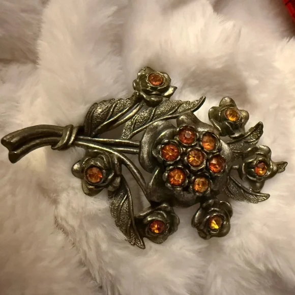 Little Nemo Flower Bunch Amber Rhinestone Bouquet LN/25 Vintage Silver Tone - Picture 6 of 12